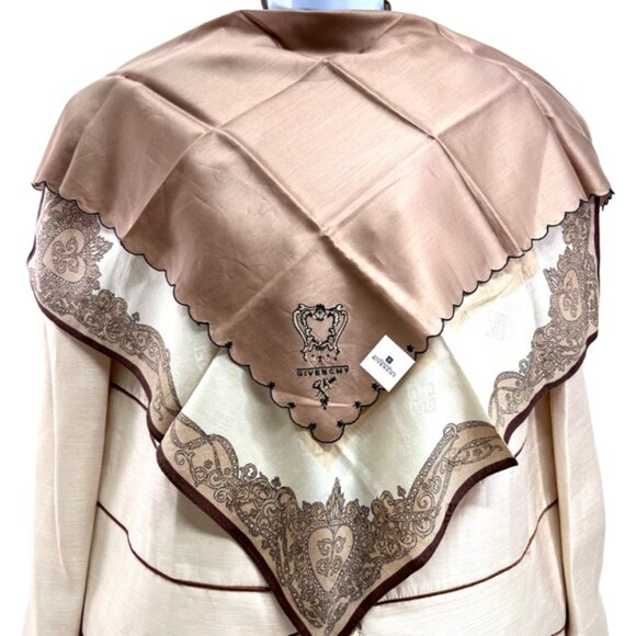 New Set of 2 GIVENCHY Handkerchief 18" CottonSsilk Brown beige Embroidered (32) - Picture 1 of 8